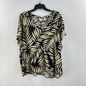 Nicole Miller Linen Top Womens 3X V-Neck Popover Palm Pattern Black‎ Beige